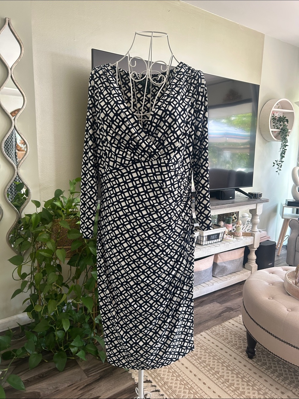 Ralph Lauren Blue & White Geometric Long-Sleeve Faux Wrap Dress
